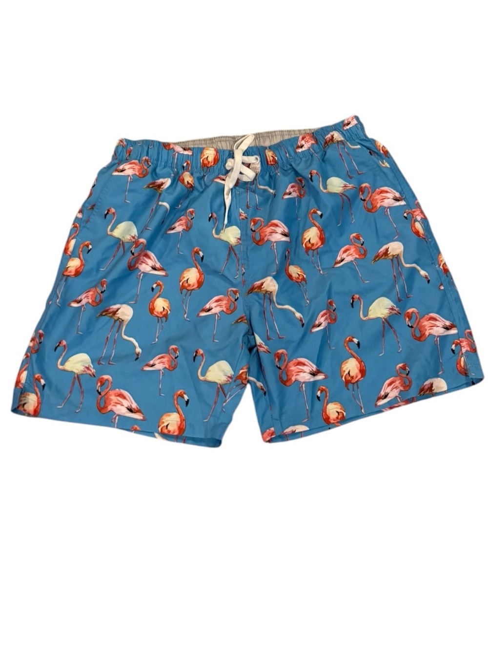 Men's Blue Flamingo Print Swim Trunks colors are brighter in person